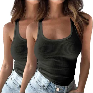 2 Pack Plus Size Ribbed Tank Tops for Women, U Scoop Neck Workout Basic Sleeveless T-Shirt Summer Casual Sexy Tanks