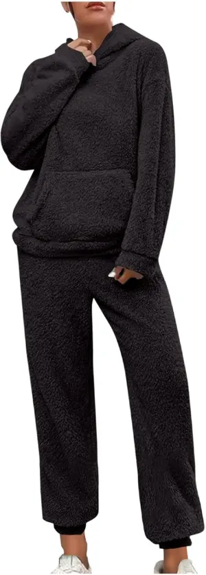 2 Piece Fuzzy Fleece Outfits for Women Warm Hoody Pullover and Sweatpant Plush Pajama Sets Winter Lounge Set Homewear