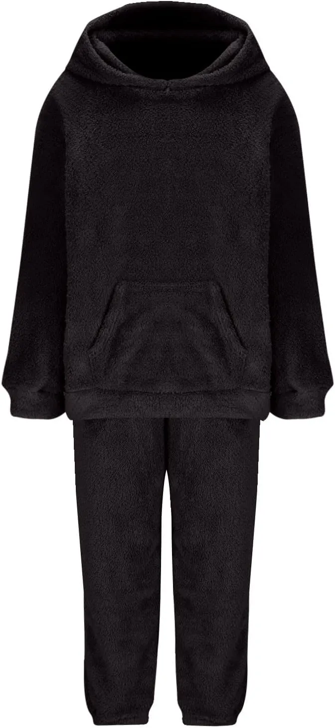 2 Piece Fuzzy Fleece Outfits for Women Warm Hoody Pullover and Sweatpant Plush Pajama Sets Winter Lounge Set Homewear