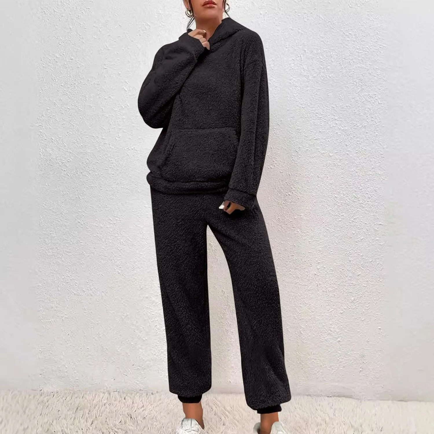2 Piece Fuzzy Fleece Outfits for Women Warm Hoody Pullover and Sweatpant Plush Pajama Sets Winter Lounge Set Homewear