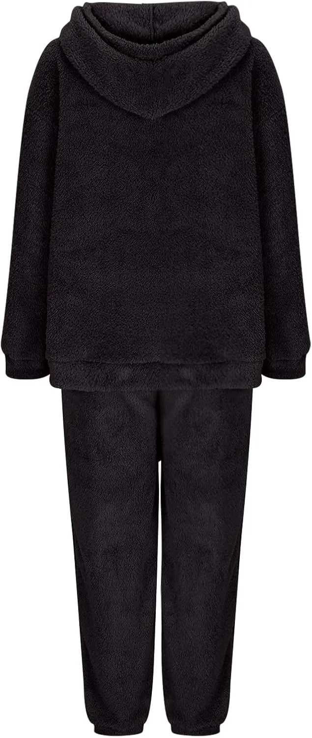 2 Piece Fuzzy Fleece Outfits for Women Warm Hoody Pullover and Sweatpant Plush Pajama Sets Winter Lounge Set Homewear