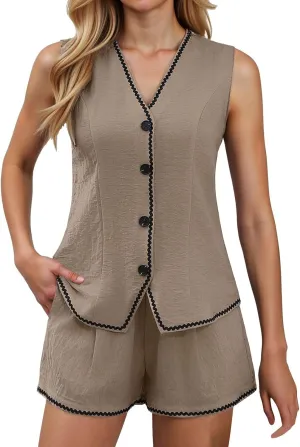 2 Piece Sets for Women Summer Linen Vacation Outfits Short Set Button Down Business Casual Dressy Clothes 2025