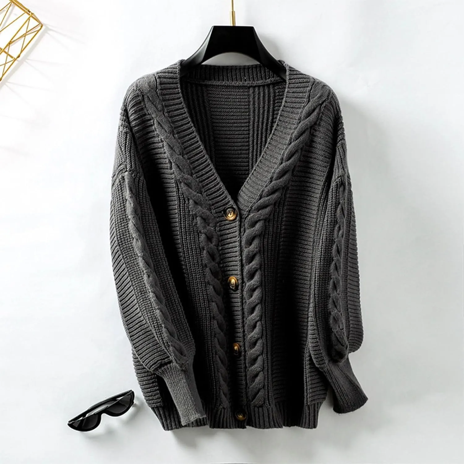 2024 Chunky Cardigans For Women Comfy Long Sleeve Cable Open Front Cardigans Casual Loose Button Down Knit Sweaters