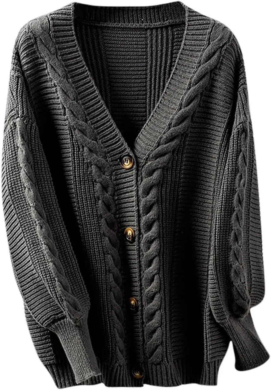 2024 Chunky Cardigans For Women Comfy Long Sleeve Cable Open Front Cardigans Casual Loose Button Down Knit Sweaters