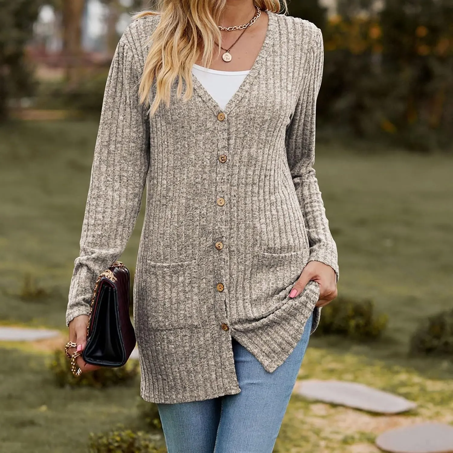 2024 Fall Cardigan Sweaters for Women Fashion Open Front Cardigan Coat Casual Solid Knit Outerwear with Pockets