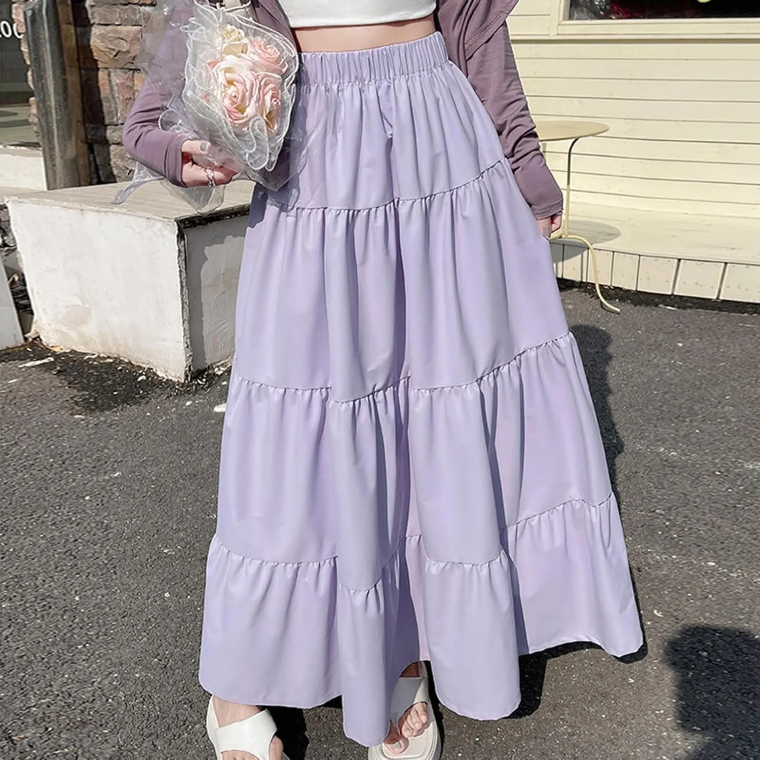 2025 Fashion Skirt for Women Summer Elastic High Waist Skirts Casual Flowy Swing A Line Ruffle Tiered Maxi Skirt