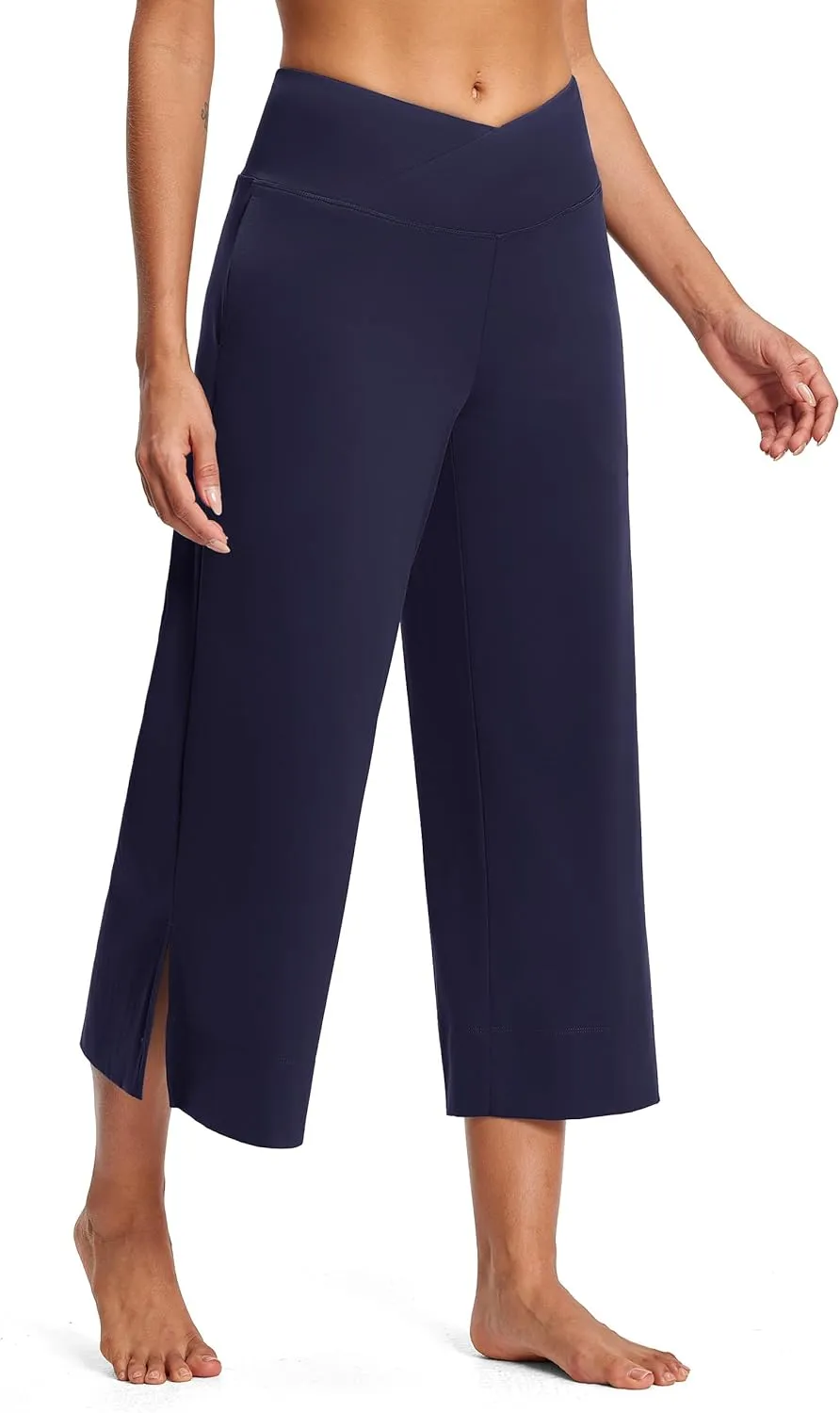 25" Wide Leg Yoga Pants for Women High Waisted Womens Loose Lounge Cropped Pants Travel Crop Pants with Pockets