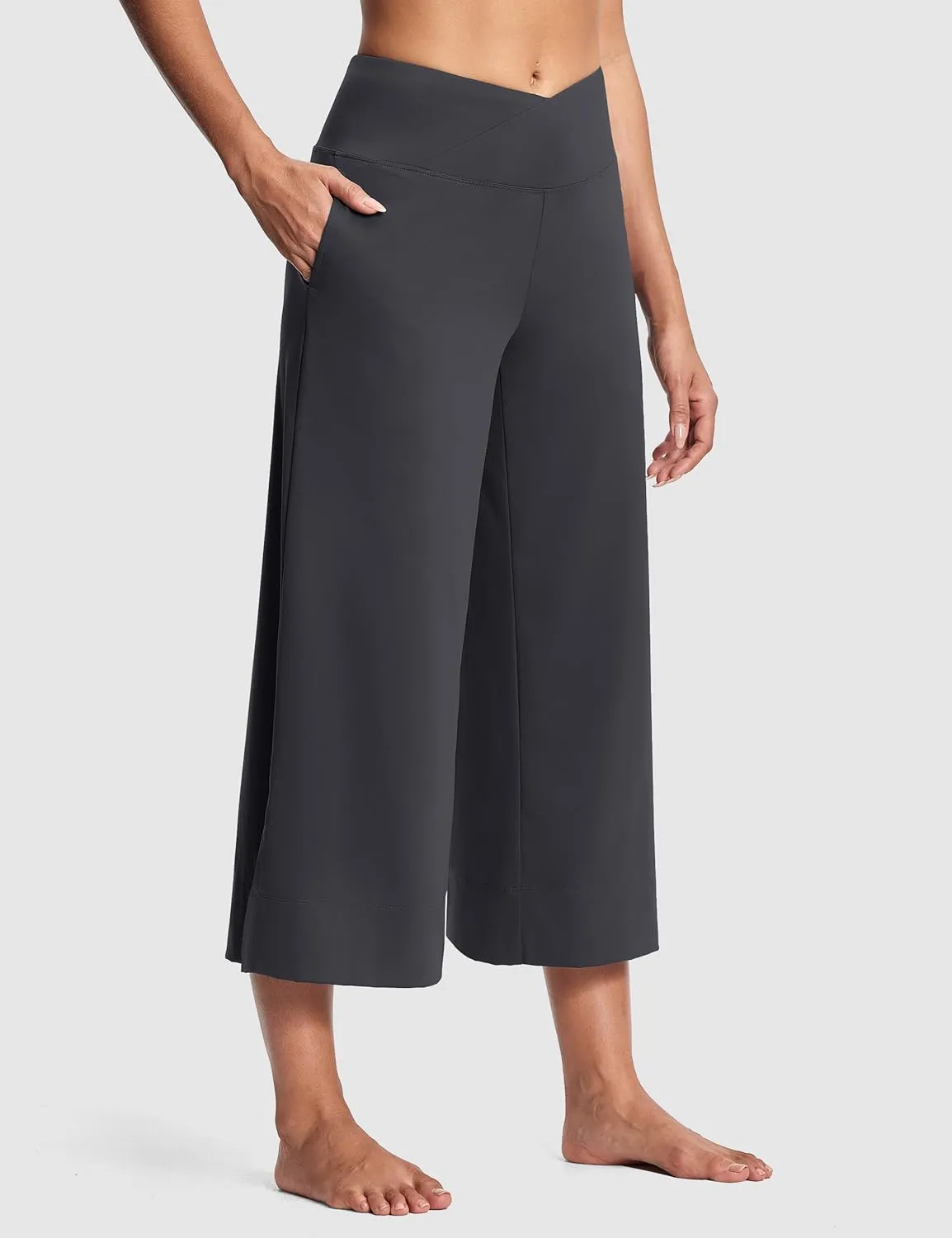 25" Wide Leg Yoga Pants for Women High Waisted Womens Loose Lounge Cropped Pants Travel Crop Pants with Pockets