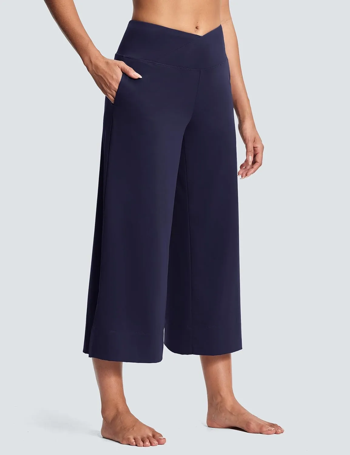 25" Wide Leg Yoga Pants for Women High Waisted Womens Loose Lounge Cropped Pants Travel Crop Pants with Pockets