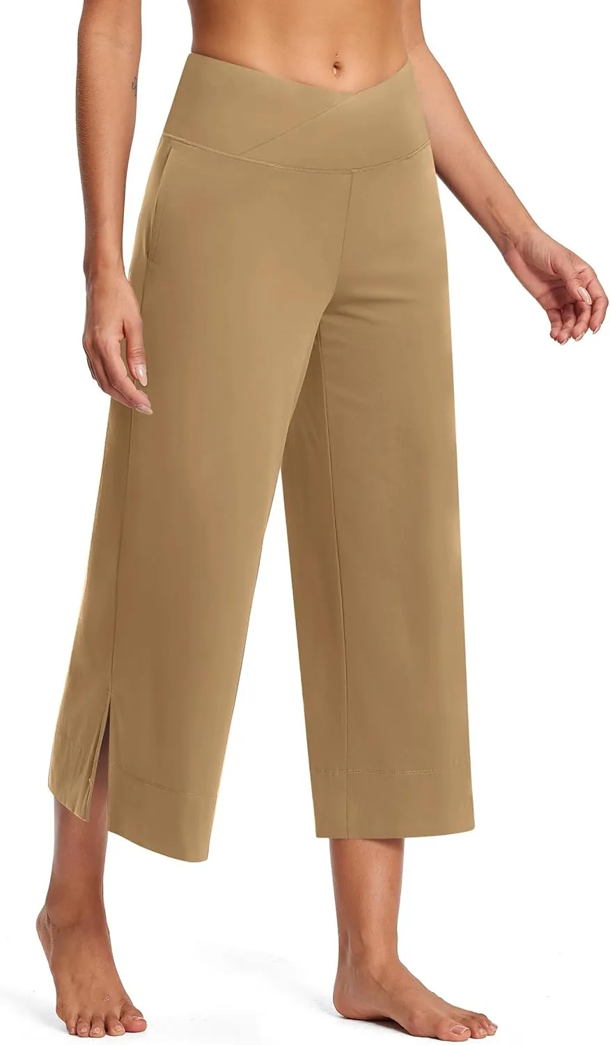 25" Wide Leg Yoga Pants for Women High Waisted Womens Loose Lounge Cropped Pants Travel Crop Pants with Pockets