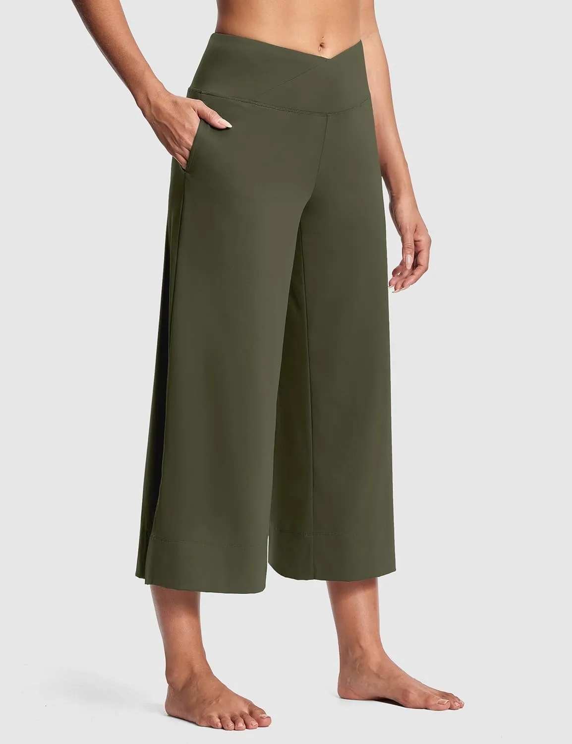 25" Wide Leg Yoga Pants for Women High Waisted Womens Loose Lounge Cropped Pants Travel Crop Pants with Pockets