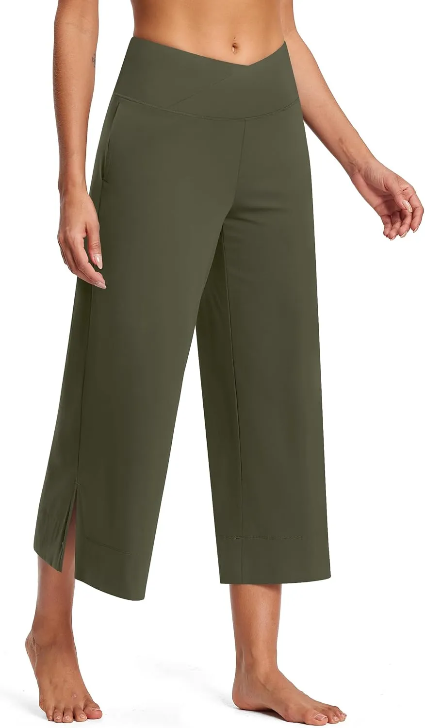 25" Wide Leg Yoga Pants for Women High Waisted Womens Loose Lounge Cropped Pants Travel Crop Pants with Pockets