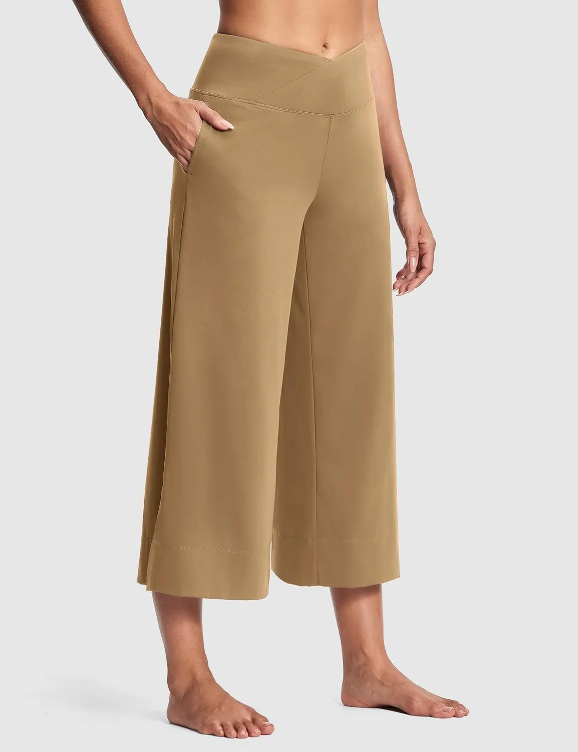 25" Wide Leg Yoga Pants for Women High Waisted Womens Loose Lounge Cropped Pants Travel Crop Pants with Pockets