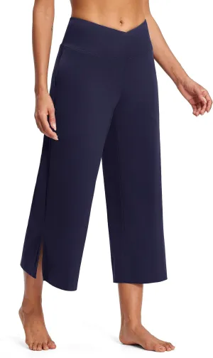 25" Wide Leg Yoga Pants for Women High Waisted Womens Loose Lounge Cropped Pants Travel Crop Pants with Pockets