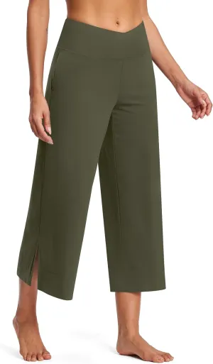 25" Wide Leg Yoga Pants for Women High Waisted Womens Loose Lounge Cropped Pants Travel Crop Pants with Pockets