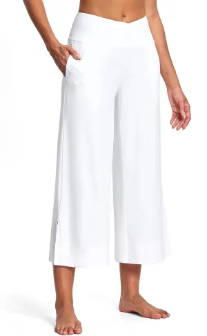25" Wide Leg Yoga Pants for Women High Waisted Womens Loose Lounge Cropped Pants Travel Crop Pants with Pockets