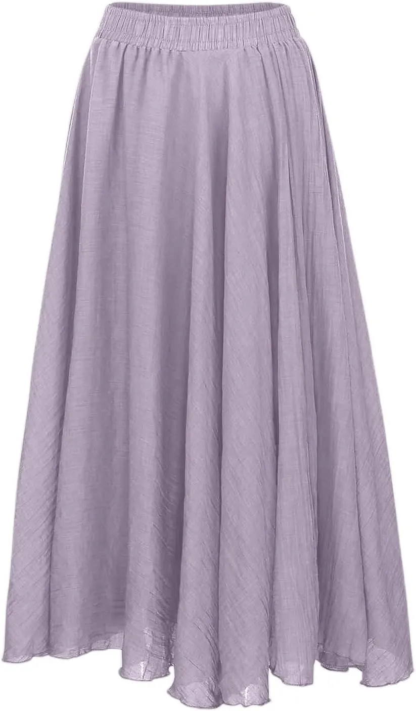A Line Skirt for Women Trendy Flared High Elastic Waist Solid Loose Pleated Summer Long Skirts for Vacation Streetwear