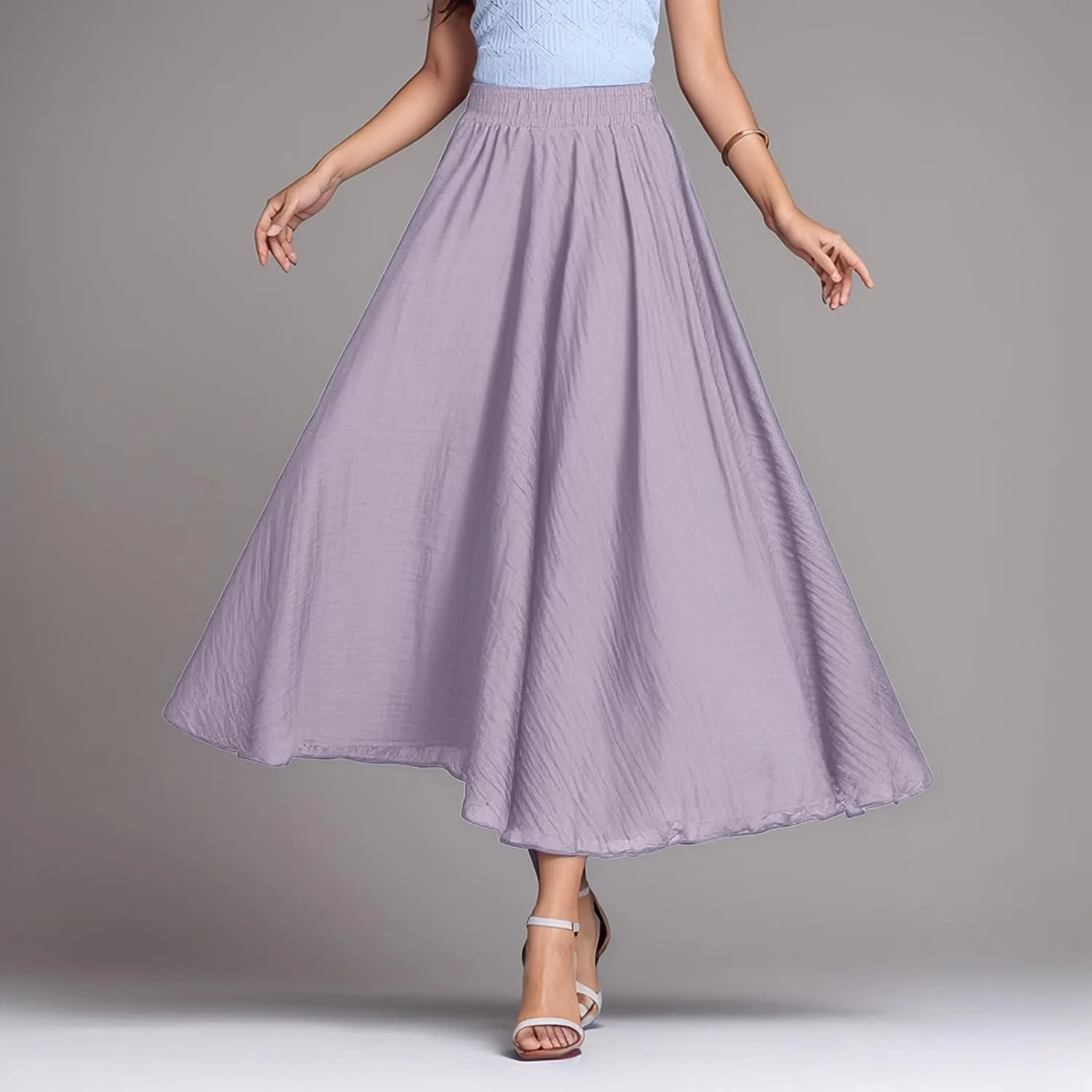 A Line Skirt for Women Trendy Flared High Elastic Waist Solid Loose Pleated Summer Long Skirts for Vacation Streetwear