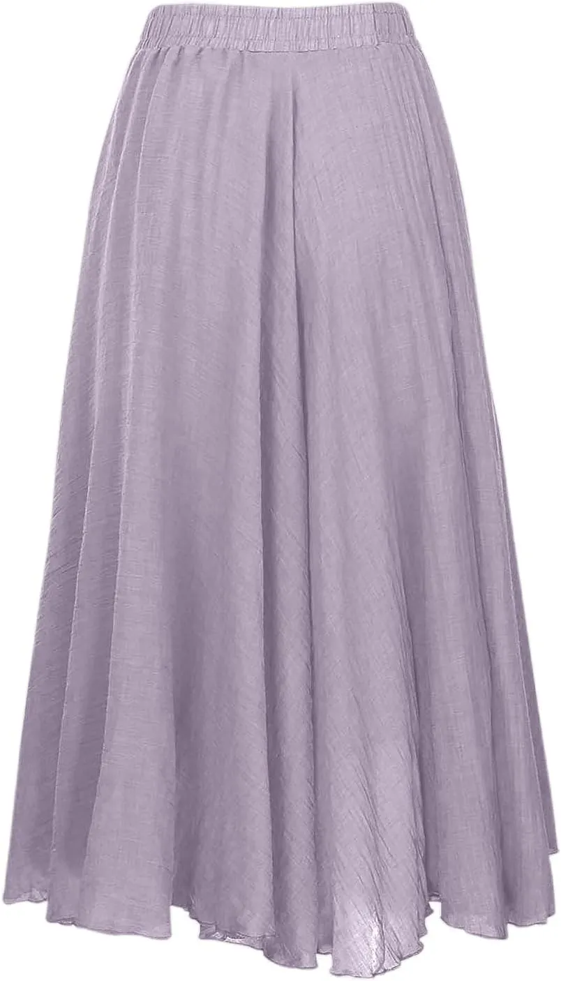 A Line Skirt for Women Trendy Flared High Elastic Waist Solid Loose Pleated Summer Long Skirts for Vacation Streetwear