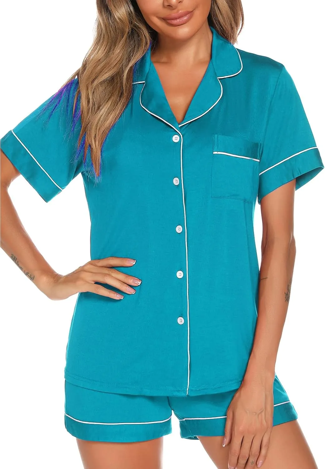 Aamikast Button Up Pajama Set for Women Shorts Short Sleeve Knit Sleepwear 2 Pice Pjs Sets