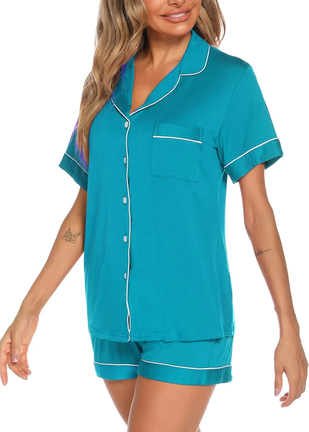 Aamikast Button Up Pajama Set for Women Shorts Short Sleeve Knit Sleepwear 2 Pice Pjs Sets