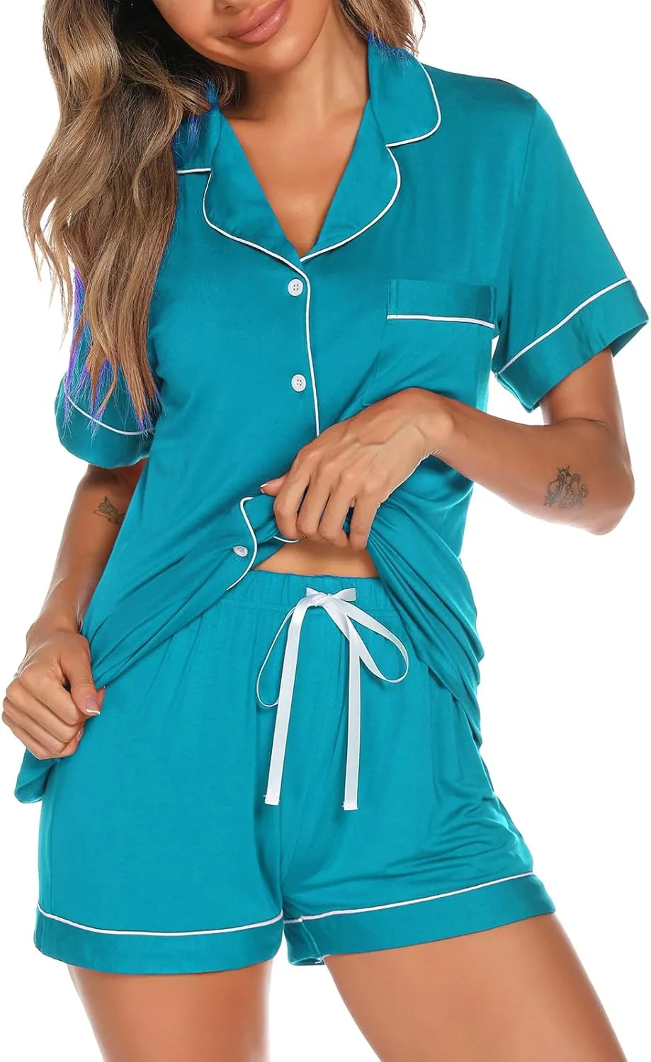 Aamikast Button Up Pajama Set for Women Shorts Short Sleeve Knit Sleepwear 2 Pice Pjs Sets