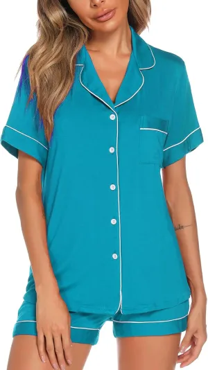 Aamikast Button Up Pajama Set for Women Shorts Short Sleeve Knit Sleepwear 2 Pice Pjs Sets