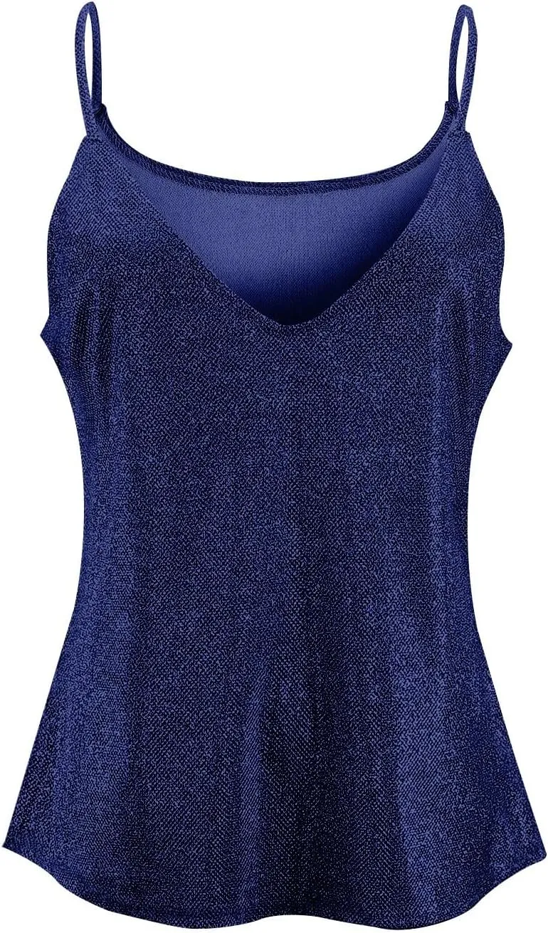 Azeralia Womens Tank Tops Casual Fashion V Neck Strappy Sequin Sparkle Shimmer Camisole Sexy Sleeveless Tanks Tops