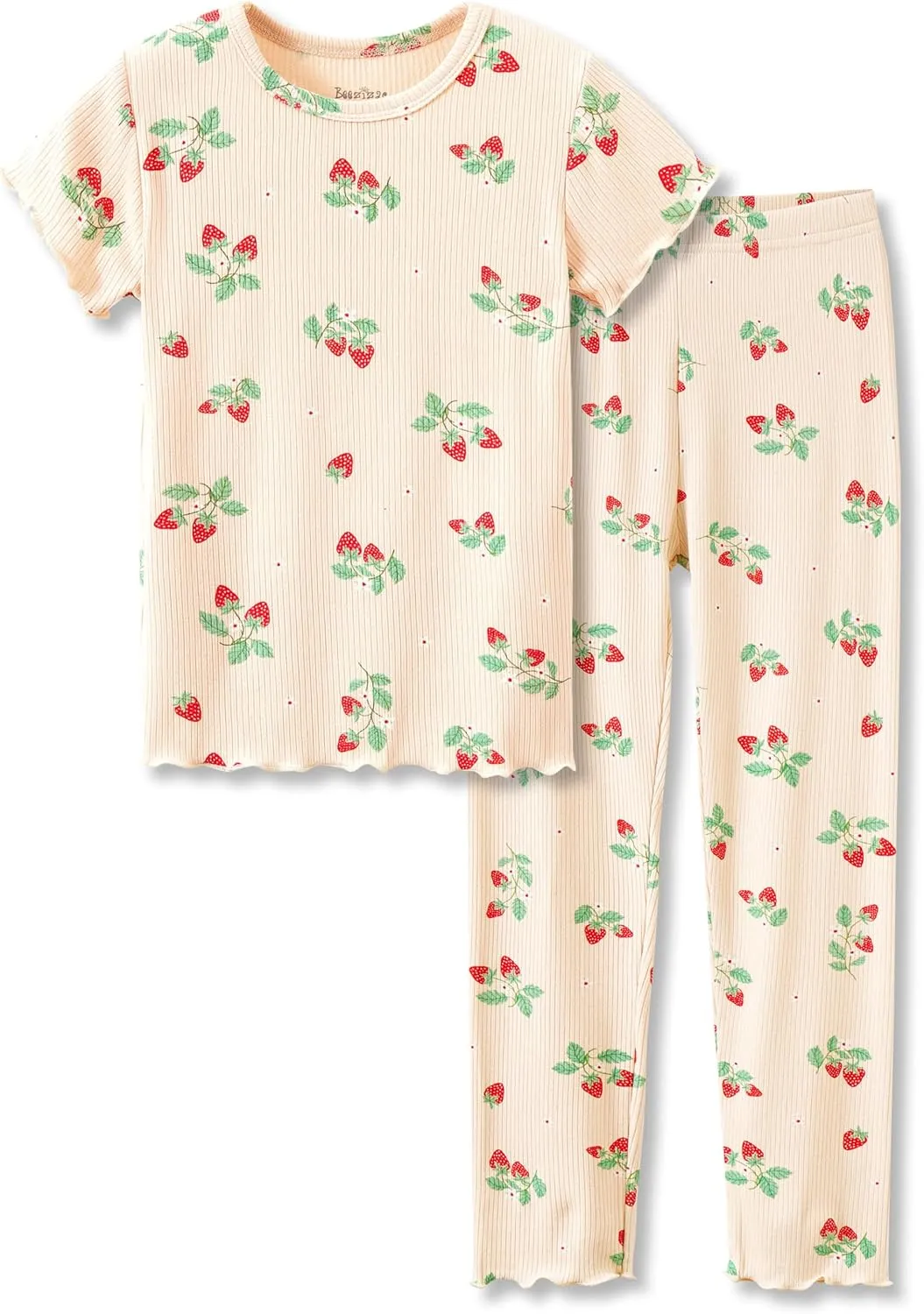 Beezizac Toddler & Little Girls Pajamas Cute Ditsy Floral/Strawberry Fruit Tee & Pants PJ Spring Set Kid Size 2T- 10