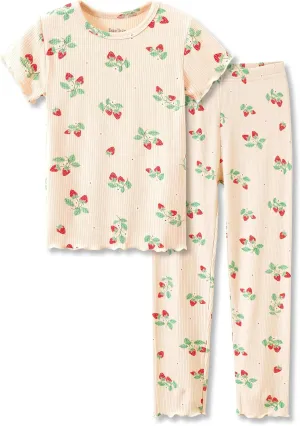 Beezizac Toddler & Little Girls Pajamas Cute Ditsy Floral/Strawberry Fruit Tee & Pants PJ Spring Set Kid Size 2T- 10