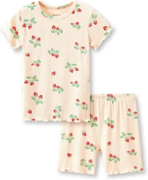 Beezizac Toddler & Little Girls Pajamas Cute Ditsy Floral/Strawberry Fruit Tee & Pants PJ Spring Set Kid Size 2T- 10