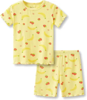 Beezizac Toddler & Little Girls Pajamas Cute Ditsy Floral/Strawberry Fruit Tee & Pants PJ Spring Set Kid Size 2T- 10