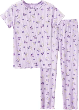 Beezizac Toddler & Little Girls Pajamas Cute Ditsy Floral/Strawberry Fruit Tee & Pants PJ Spring Set Kid Size 2T- 10