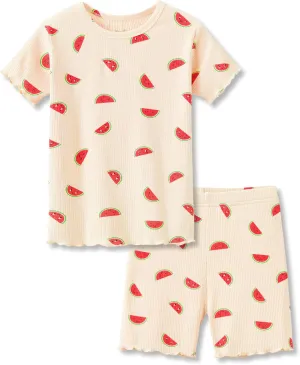Beezizac Toddler & Little Girls Pajamas Cute Ditsy Floral/Strawberry Fruit Tee & Pants PJ Spring Set Kid Size 2T- 10