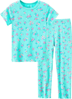 Beezizac Toddler & Little Girls Pajamas Cute Ditsy Floral/Strawberry Fruit Tee & Pants PJ Spring Set Kid Size 2T- 10