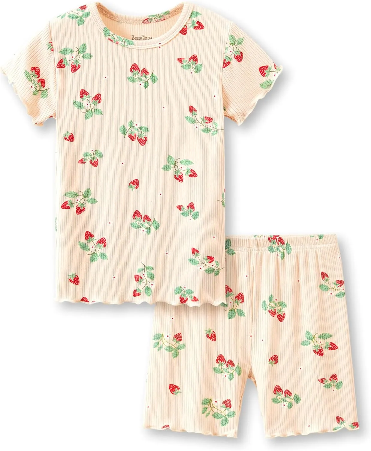 Beezizac Toddler & Little Girls Pajamas Cute Ditsy Floral/Strawberry Fruit Tee & Pants PJ Spring Set Kid Size 2T- 10