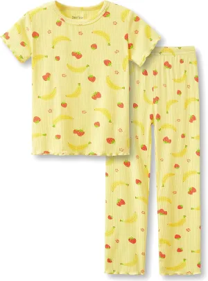 Beezizac Toddler & Little Girls Pajamas Cute Ditsy Floral/Strawberry Fruit Tee & Pants PJ Spring Set Kid Size 2T- 10