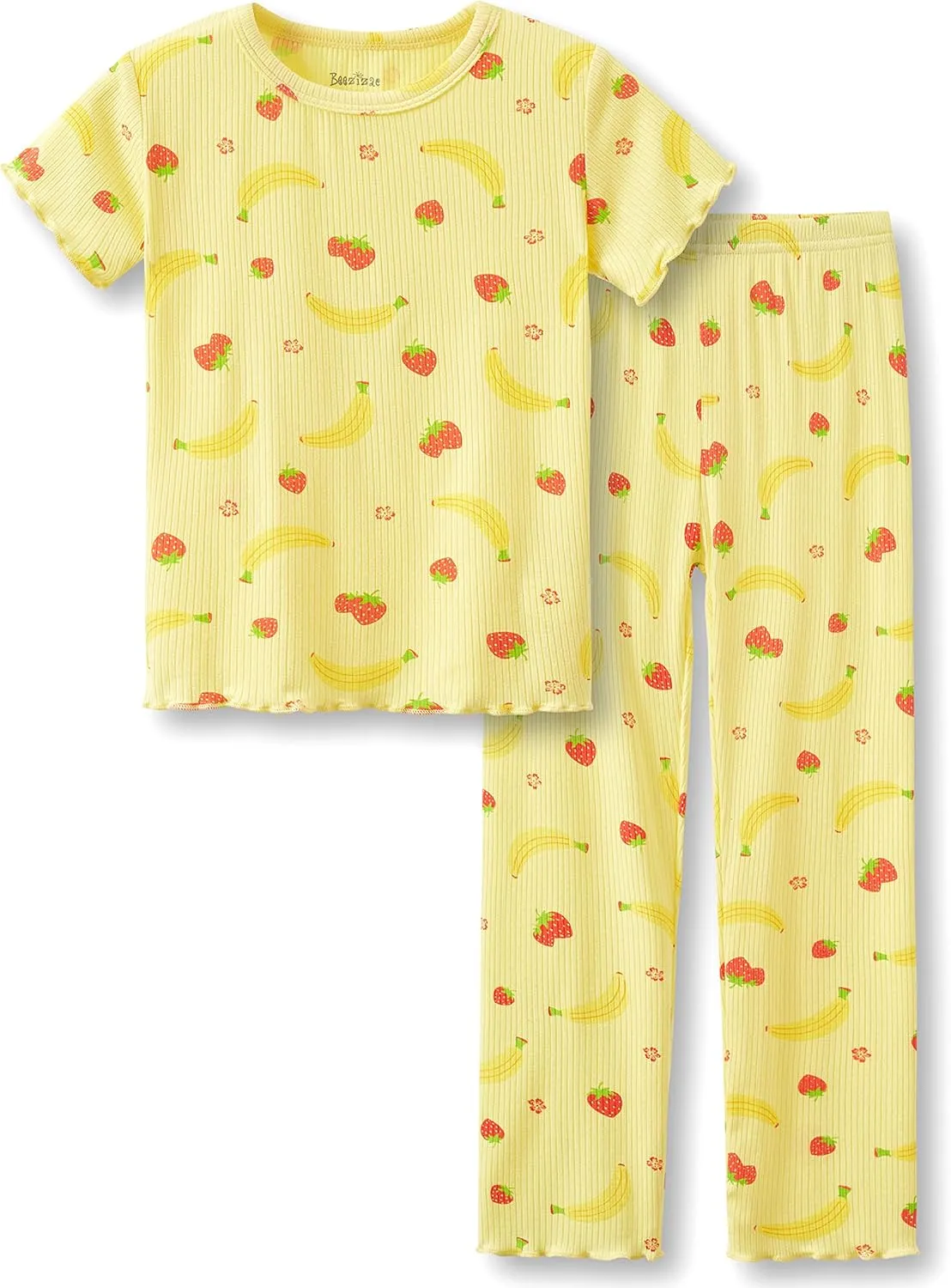 Beezizac Toddler & Little Girls Pajamas Cute Ditsy Floral/Strawberry Fruit Tee & Pants PJ Spring Set Kid Size 2T- 10