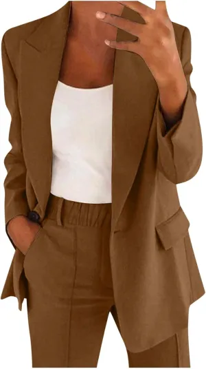 Blazer Sets Women 2 Piece Outfits Open Front Business Casual Jackets Elastic Waist Dress Pants Fashion Suit Sets