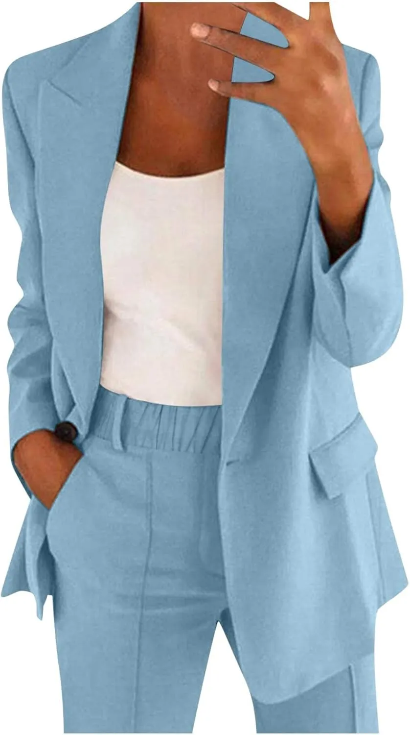 Blazer Sets Women 2 Piece Outfits Open Front Business Casual Jackets Elastic Waist Dress Pants Fashion Suit Sets