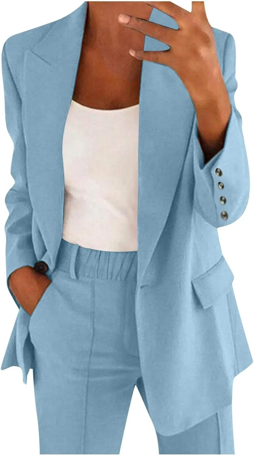 Blazer Sets Women 2 Piece Outfits Open Front Business Casual Jackets Elastic Waist Dress Pants Fashion Suit Sets