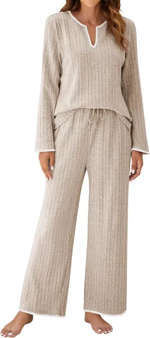 Blooming Jelly Womens 2 Piece Pajama Sets Fall Ribbed Color Block Lounge Set Fleece Long Sleeve Pj Sleepwear Pockets