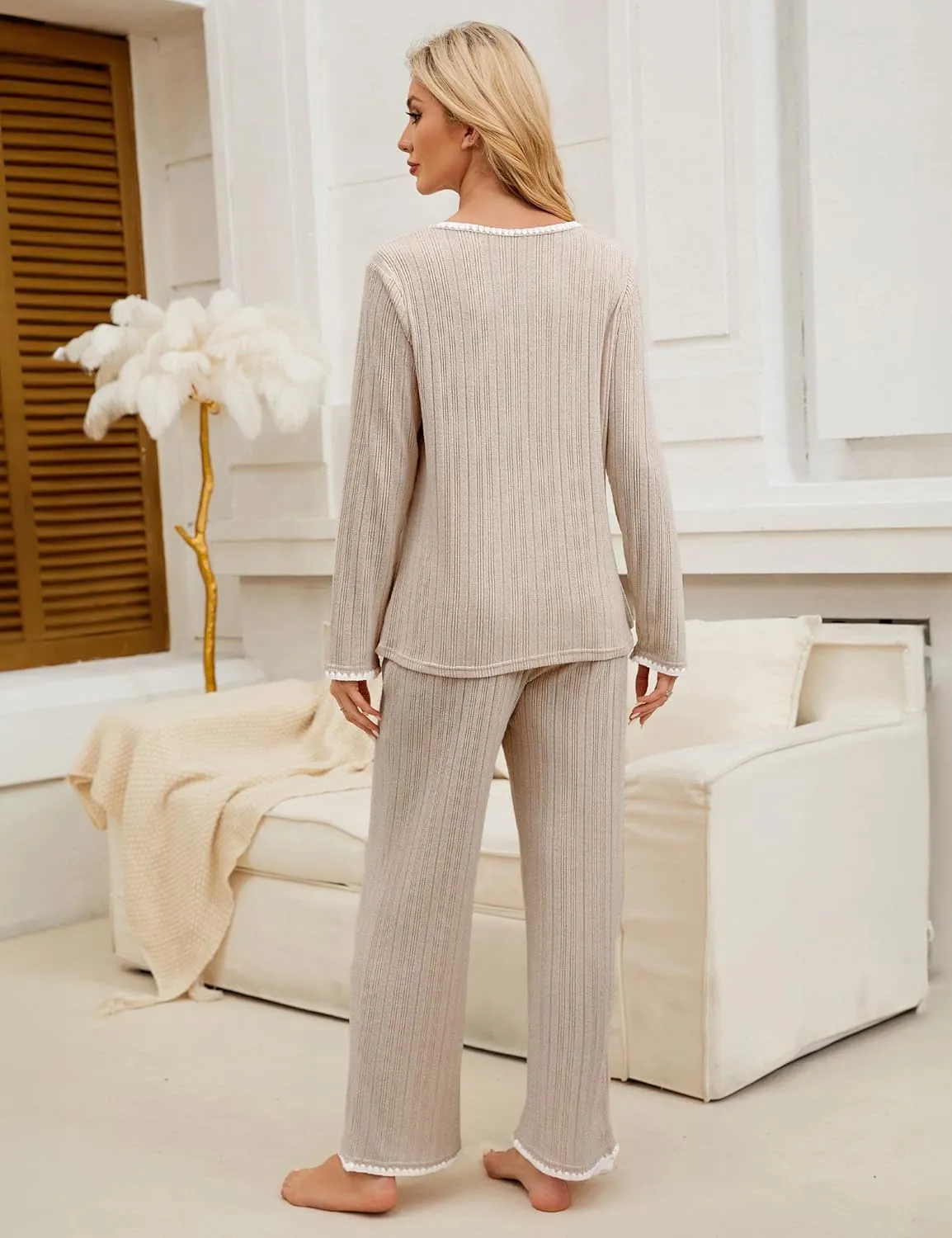 Blooming Jelly Womens 2 Piece Pajama Sets Fall Ribbed Color Block Lounge Set Fleece Long Sleeve Pj Sleepwear Pockets