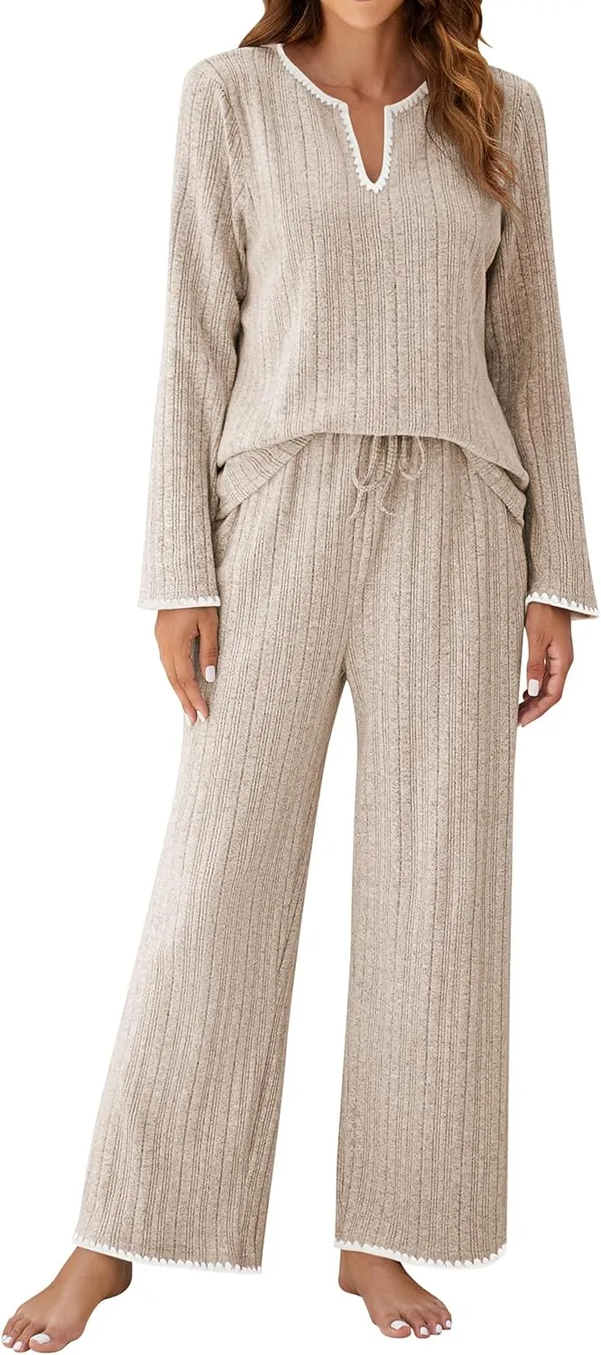 Blooming Jelly Womens 2 Piece Pajama Sets Fall Ribbed Color Block Lounge Set Fleece Long Sleeve Pj Sleepwear Pockets