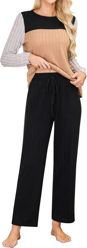 Blooming Jelly Womens Pajama Sets Long Sleeve Color Block 2 Piece Casual Lounge Sets Soft Pjs with Pockets