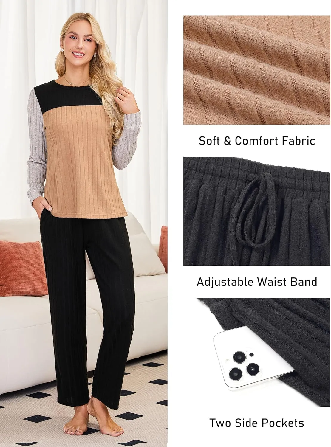 Blooming Jelly Womens Pajama Sets Long Sleeve Color Block 2 Piece Casual Lounge Sets Soft Pjs with Pockets