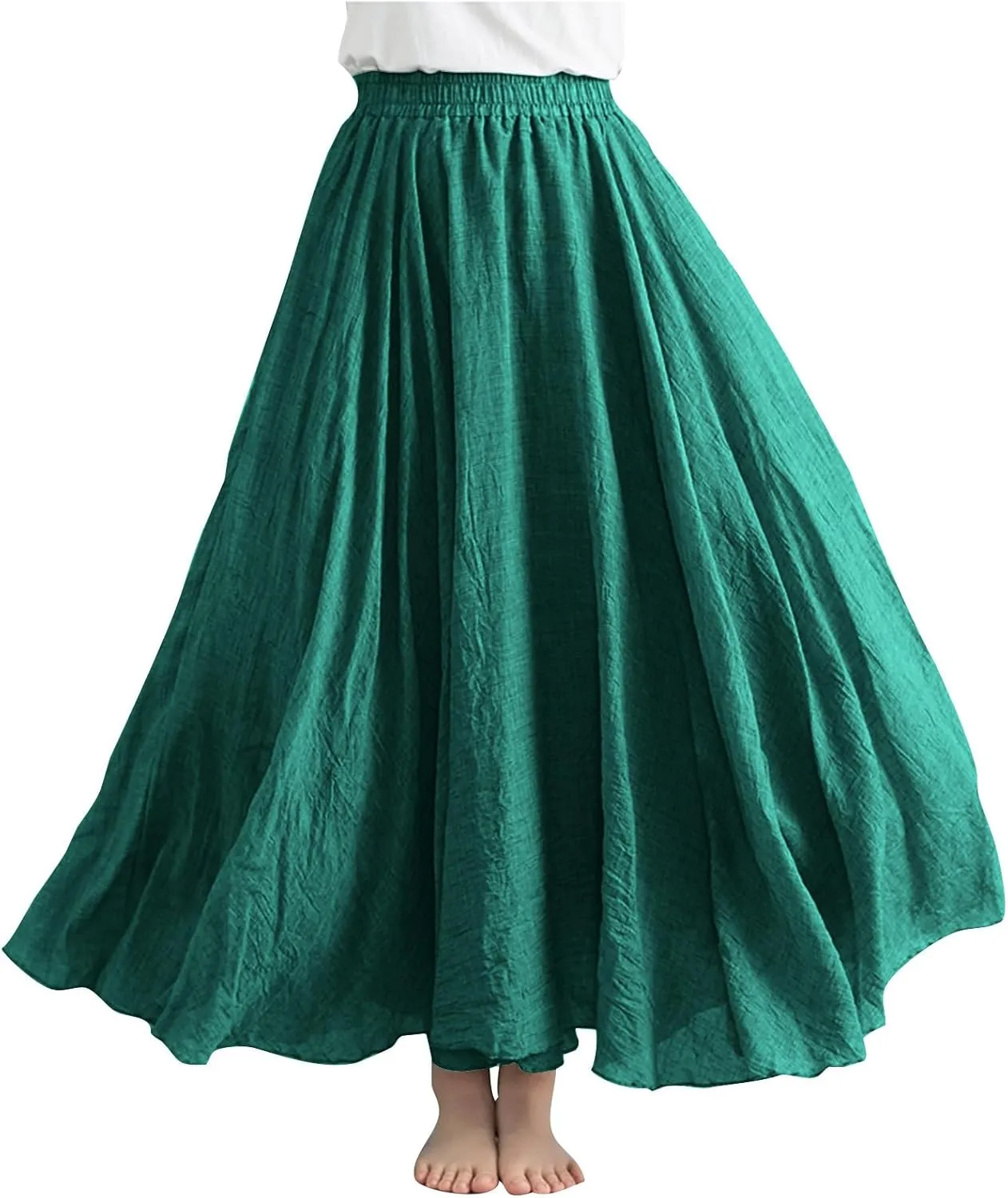 Bohemian Beach Maxi Skirts Womens Summer Solid Linen Elastic Waist Pleated Skirt Casual Fashion Flowy A-Line Skirts