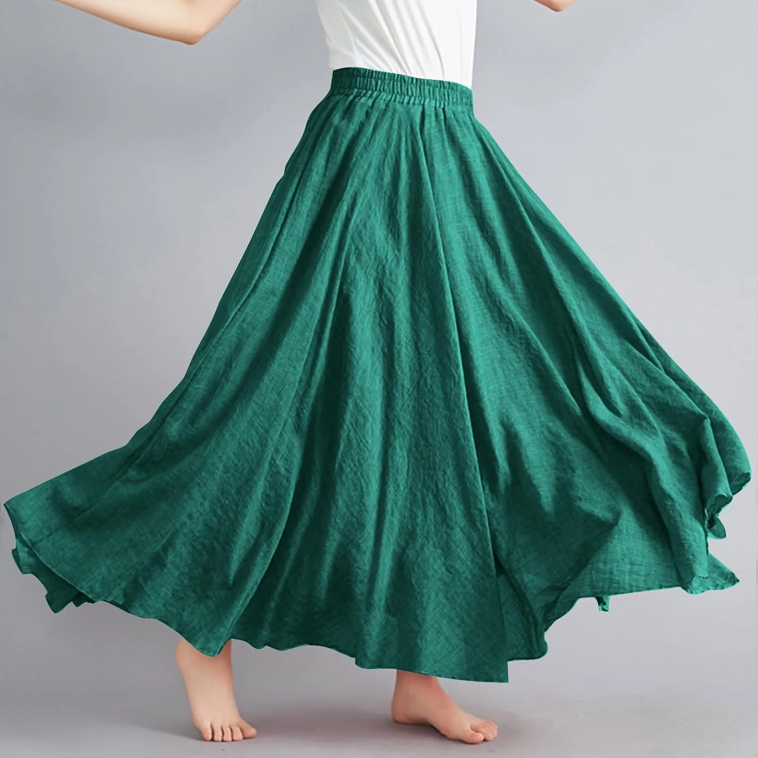 Bohemian Beach Maxi Skirts Womens Summer Solid Linen Elastic Waist Pleated Skirt Casual Fashion Flowy A-Line Skirts