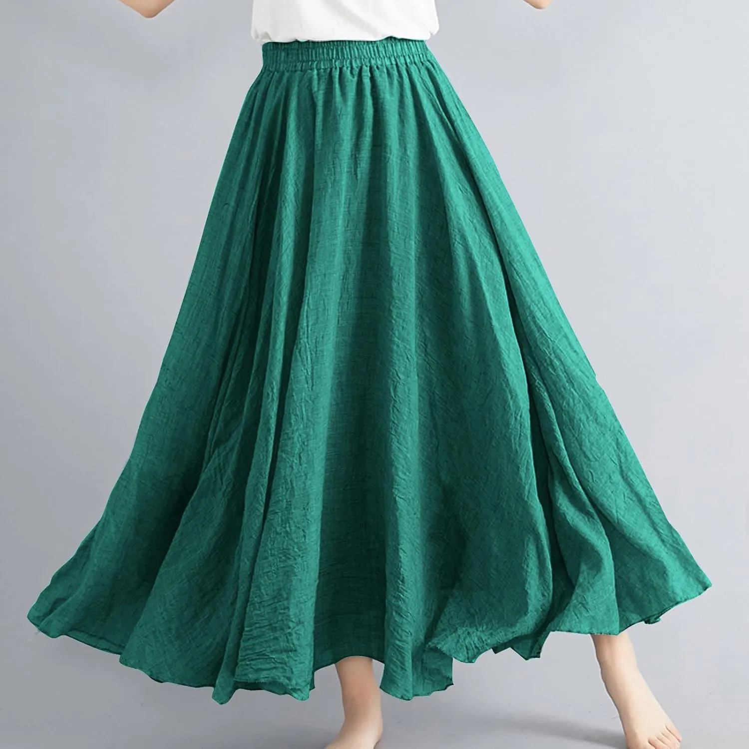 Bohemian Beach Maxi Skirts Womens Summer Solid Linen Elastic Waist Pleated Skirt Casual Fashion Flowy A-Line Skirts