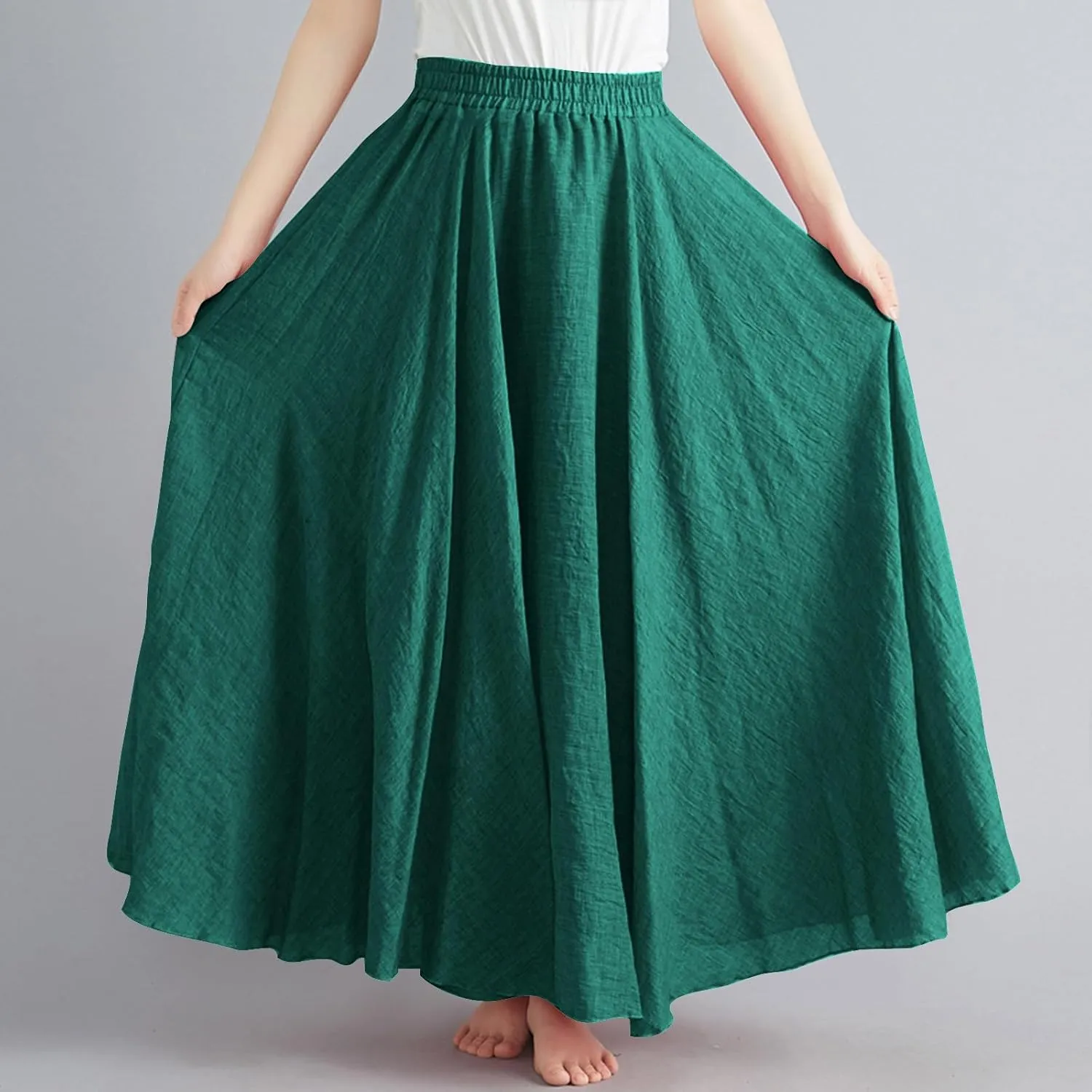 Bohemian Beach Maxi Skirts Womens Summer Solid Linen Elastic Waist Pleated Skirt Casual Fashion Flowy A-Line Skirts